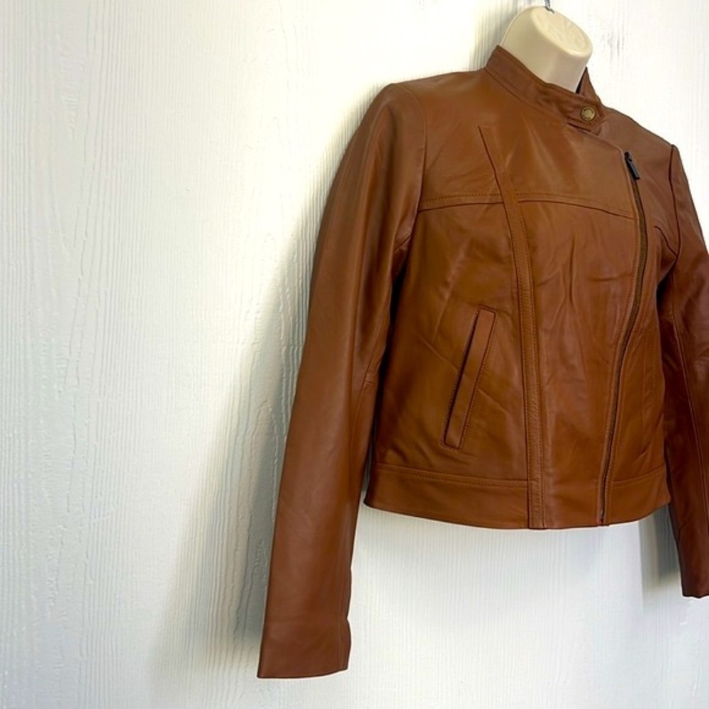 Michael Kors - Brown Leather Asymmetrical Zip Lined Long Sleeve Moto Jacket Med - Picture 4 of 12
